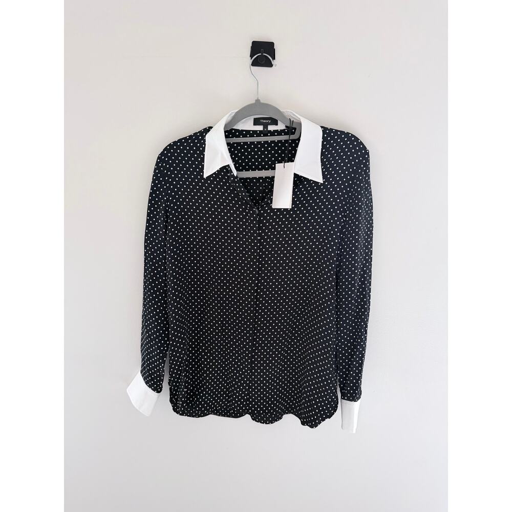 NWT Theory Contrast Straight Shirt in Polka Dot Crepe-Size M - Picture 8 of 8